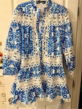 Ina Crochet Detail Lace Hem Blue & White Eyelet Mini Dress